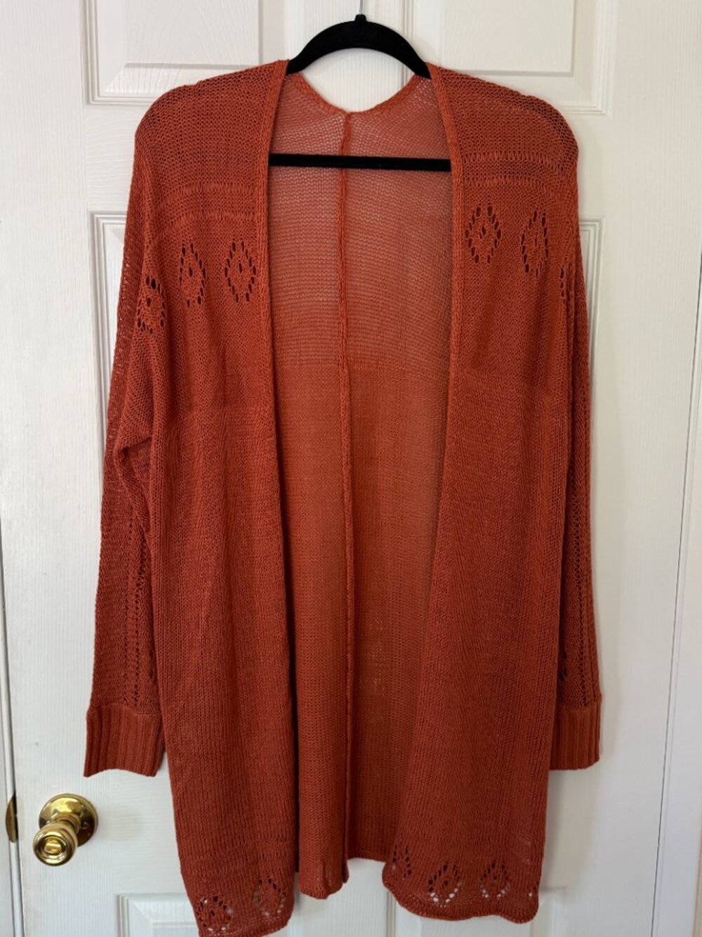 Open-Knit Long Cardigan Brick Red